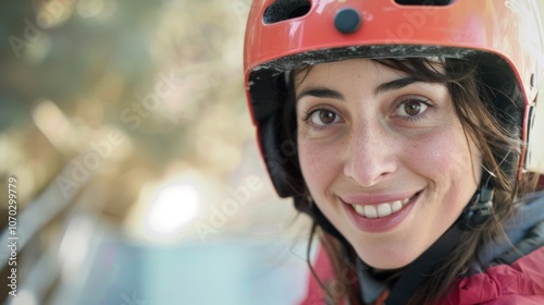 Smiling female climber in an orange helmet enjoying an outdoor adventure in nature during a sunny day