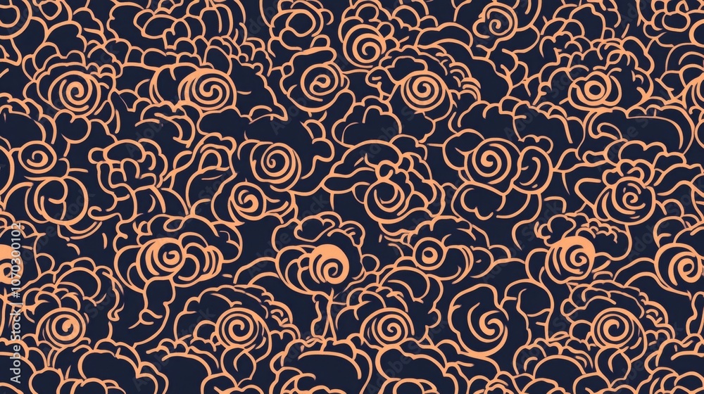 A pattern of swirls and flowers in orange and blue A pattern of swirls and flowers in orange and blue
