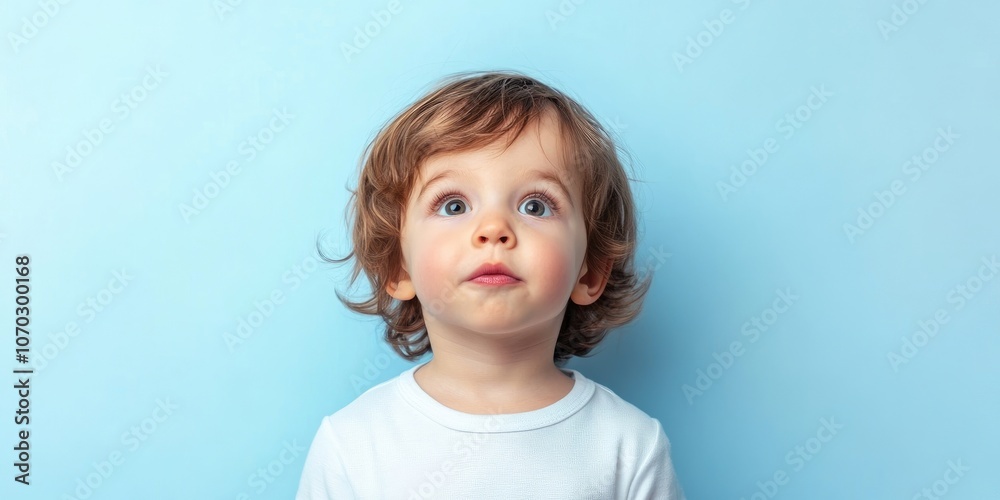 Portrait of a little boy expressing emotions against a light blue background, with space for text. Portrait of a little boy expressing emotions against a light blue background, with space for text.