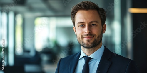 Portrait of an attractive businessman with a blurred office backdrop.