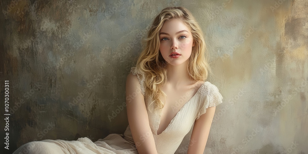 Naklejka premium Full-body portrait of a young, attractive blonde woman wearing a beige dress.
