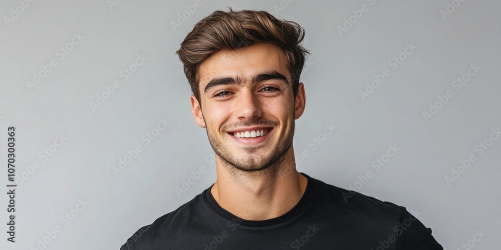 Obraz premium Portrait of a joyful young man with bright eyes and a radiant smile, dressed in a black t-shirt and having a trendy hairstyle, set against a light gray background. Copy space is available.