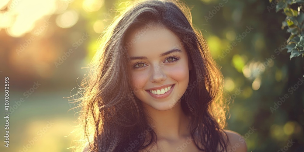 Portrait of a lovely young brunette woman with long hair smiling at the camera. Summer fashion shot. Portrait of a lovely young brunette woman with long hair smiling at the camera. Summer fashion shot.