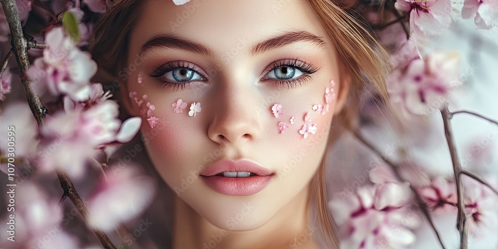 Close-up portrait of a young, beautiful woman with a spring backdrop. An appealing young girl surrounded by flowers. Spring makeup model. Close-up portrait of a young, beautiful woman with a spring backdrop. An appealing young girl surrounded by flowers. Spring makeup model.
