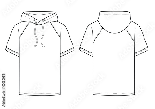 Hooded T Shirt fashion vector flat technical drawing template vector Illustration template design