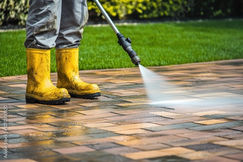  A man is cleaning the brick pavement in front of his house with a high-pressure water washing machine. He is wearing yellow boots and a grey shirt, with a green garden behind him. 