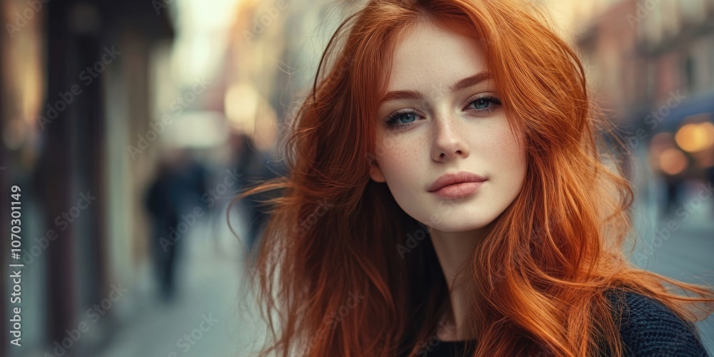 stylish redhead city girl on the street with copy-space stylish redhead city girl on the street with copy-space