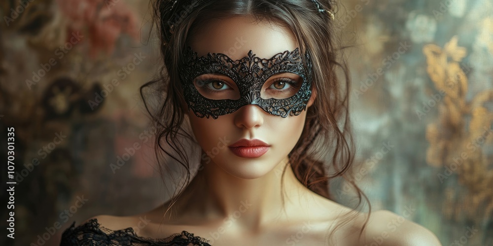 Obraz premium Attractive woman wearing a masquerade mask in a studio photograph.