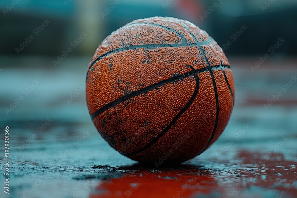 A damp basketball sits on a colorful court, glistening in the rain. The top-down perspective captures the texture of the ball and the reflections on the wet surface, creating a vibrant scene. A damp basketball sits on a colorful court, glistening in the rain. The top-down perspective captures the texture of the ball and the reflections on the wet surface, creating a vibrant scene.