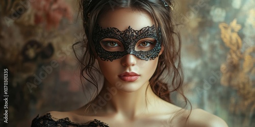 Attractive woman wearing a masquerade mask in a studio photograph.