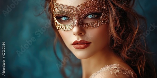 Attractive woman wearing a masquerade mask in a studio photograph.