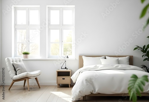 A bright and airy bedroom with a large bed, white bedding, and a minimalist decor style. The room has large windows letting in natural light.