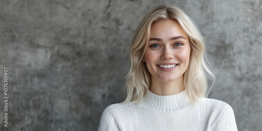 Young blonde woman showcasing a product or idea with a smile against a grey background.