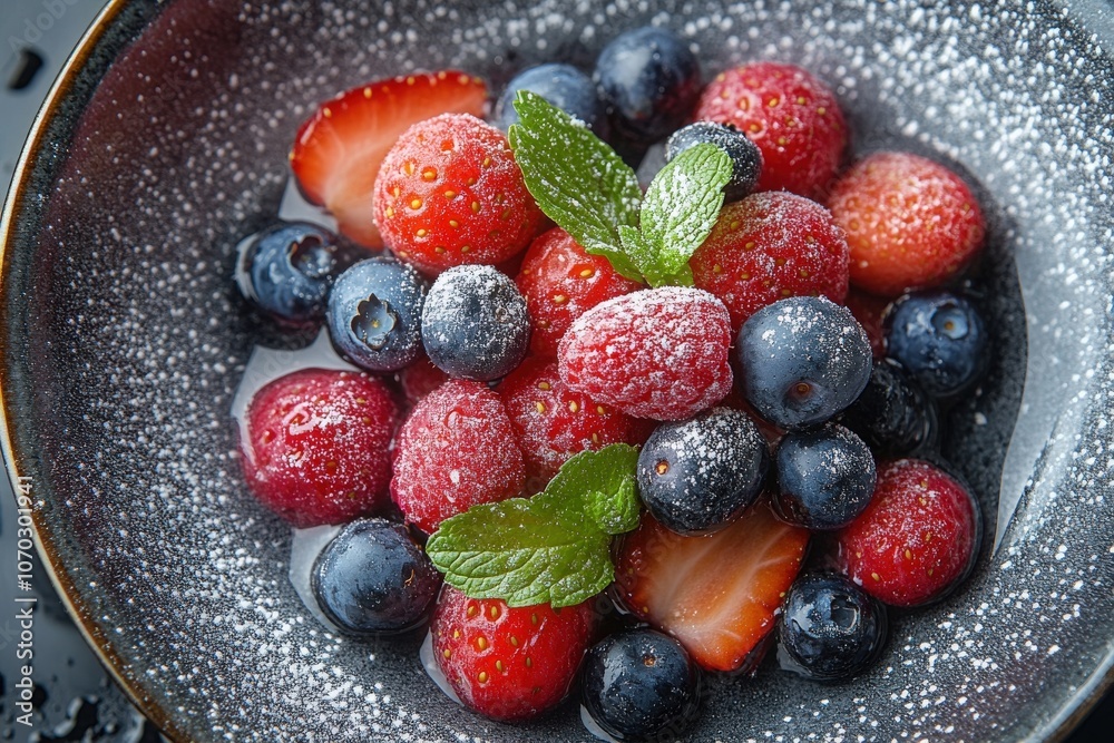 Obraz premium A vibrant assortment of fresh strawberries, blueberries, and raspberries fills a bowl, garnished with mint leaves and a light dusting of powdered sugar.