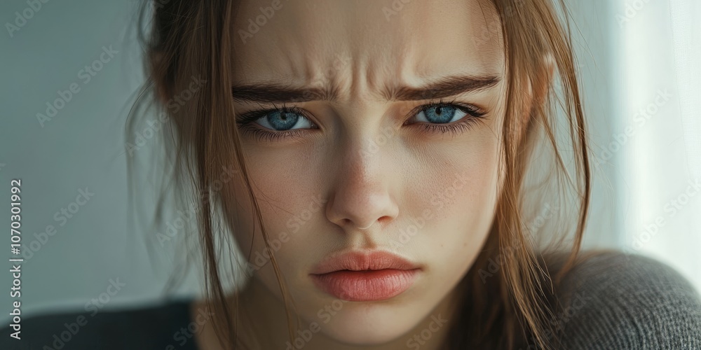 A close-up photo of a young woman looking sad and upset, frowning with her lips turned down, and gazing at the camera with a serious expression. A close-up photo of a young woman looking sad and upset, frowning with her lips turned down, and gazing at the camera with a serious expression.