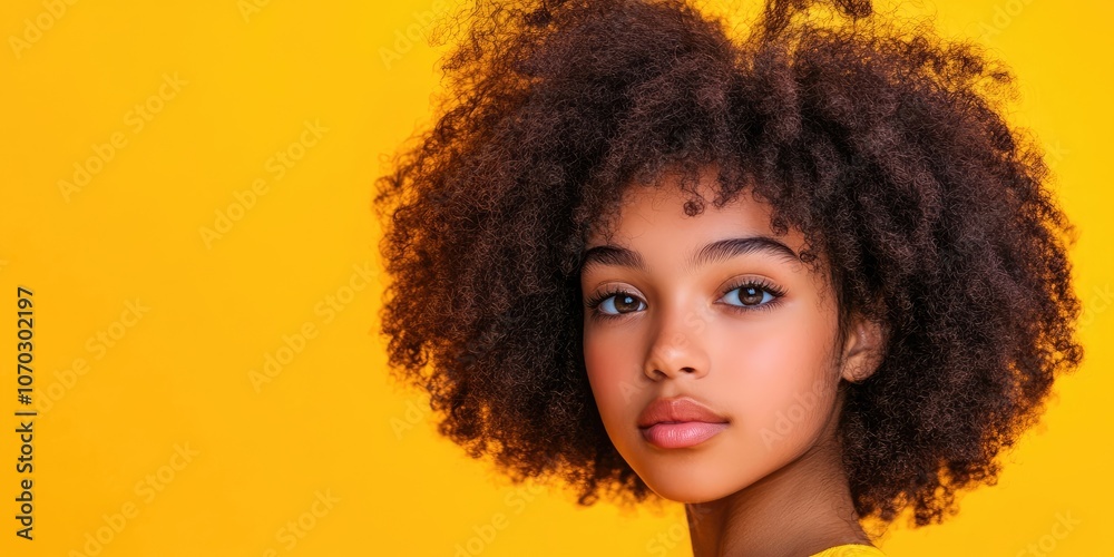 Young beautiful African American girl with an afro hairstyle. Portrait set against a yellow background. Girl is gazing at the camera. Young beautiful African American girl with an afro hairstyle. Portrait set against a yellow background. Girl is gazing at the camera.