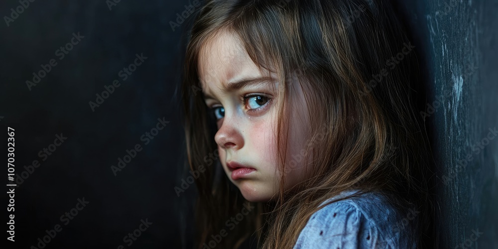 Abused young girl weeping beside a dark wall, with copyspace available. Concept of domestic violence. Abused young girl weeping beside a dark wall, with copyspace available. Concept of domestic violence.