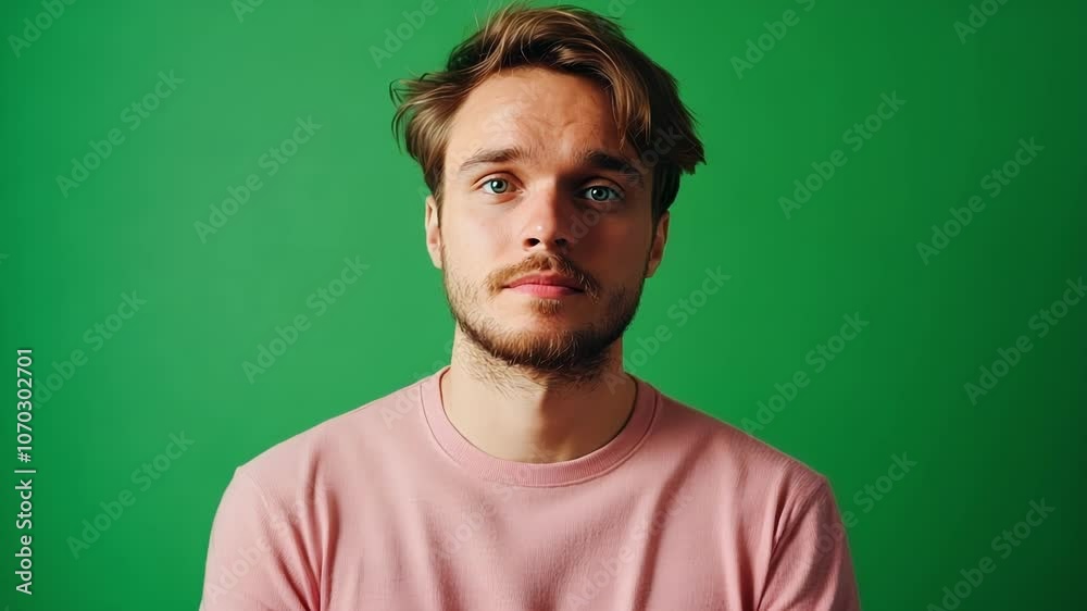 Young adult male with blonde hair wears a pink shirt while posing against a green screen background, showcasing a casual and confident expression in a studio setting Young adult male with blonde hair wears a pink shirt while posing against a green screen background, showcasing a casual and confident expression in a studio setting
