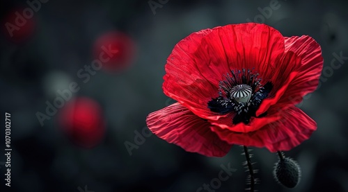 Stylized red poppy flower on black background. 