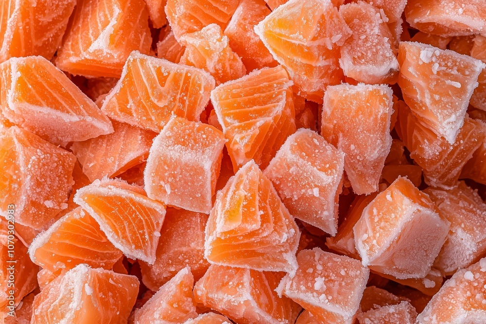 Photo of a pile of frozen diced raw salmon 002
