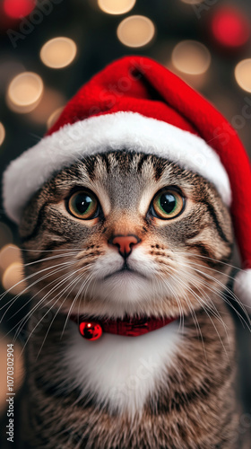 Cute Christmas cat wearing a holiday-themed outfit, looking directly at the camera with a curious expression. Cozy and festive atmosphere, perfect for holiday-themed decorations or greeting cards.