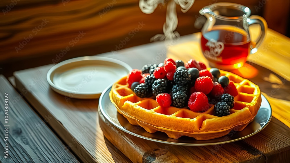 A golden waffle topped with fresh raspberries and blackberries, resting on a plate on a wooden table, alongside a pitcher of dark liquid, creating a scene of simple breakfast delight. A golden waffle topped with fresh raspberries and blackberries, resting on a plate on a wooden table, alongside a pitcher of dark liquid, creating a scene of simple breakfast delight.
