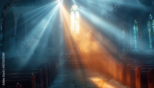 Sun rays through the window into interior of church