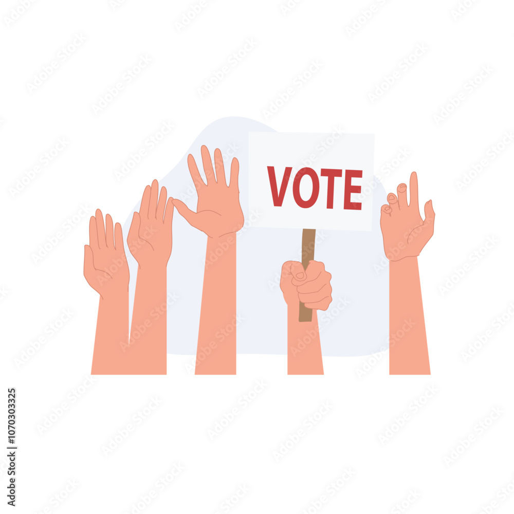 Hands raised in a crowd for voting, with one hand holding a Hands raised in a crowd for voting, with one hand holding a