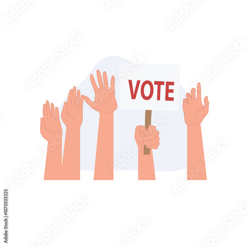 Hands raised in a crowd for voting, with one hand holding a "vote" sign