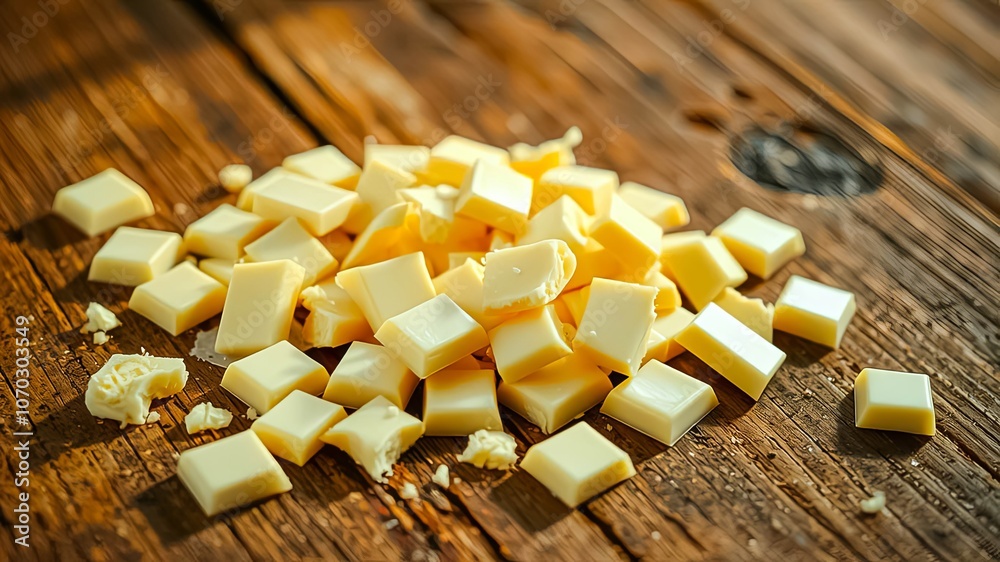 A pile of white chocolate squares on a rustic wooden surface, ready for melting and creating delicious sweet treats. A pile of white chocolate squares on a rustic wooden surface, ready for melting and creating delicious sweet treats.