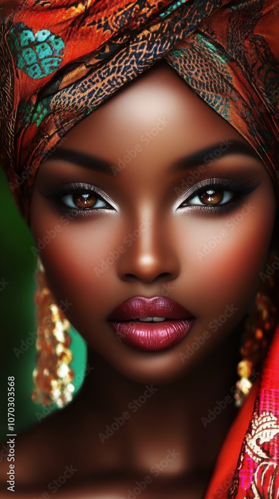 Beautiful woman with radiant skin and vibrant headwrap posing against a lush green background, showcasing stunning features and intricate jewelry Beautiful woman with radiant skin and vibrant headwrap posing against a lush green background, showcasing stunning features and intricate jewelry