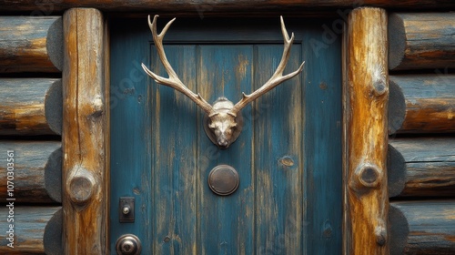 Unique log cabin entrance featuring a deer skull and antlers mounted above a blue door with rustic wooden textures and natural elements photo