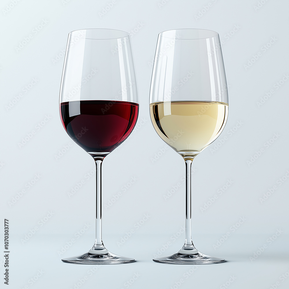 Two wine glasses, one filled with red and the other with white wine, stand side by side on an isolated background. The scene is captured in high resolution against a clean white ba Two wine glasses, one filled with red and the other with white wine, stand side by side on an isolated background. The scene is captured in high resolution against a clean white ba