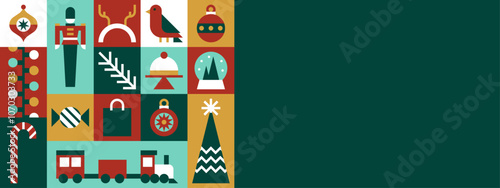 Festive Christmas Icons in Geometric Flat Design with Green