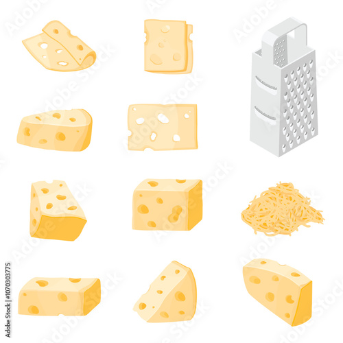 Set of cheese pieces and slices isolated on a white background. Cheese icon