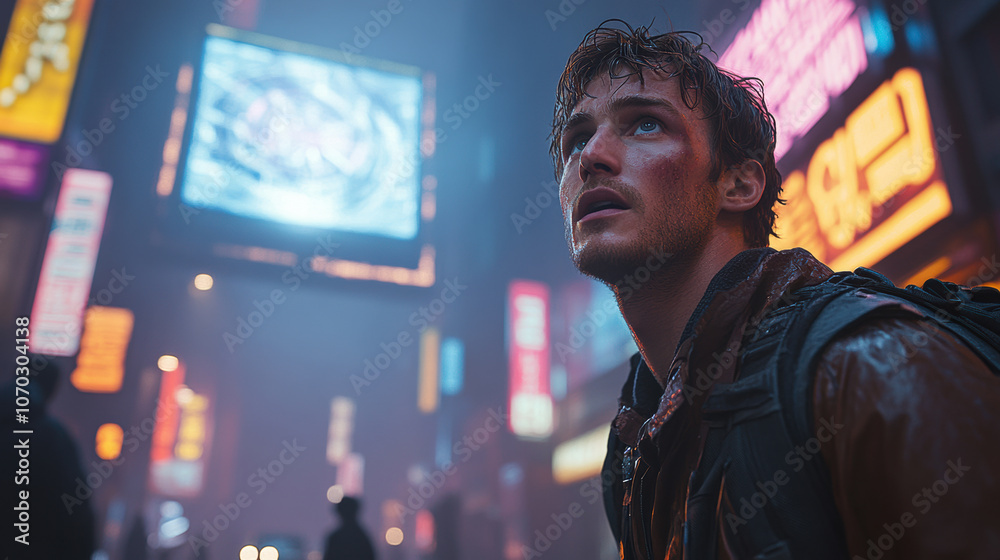 Nighttime urban exploration in a neon-lit cityscape featuring a thoughtful young man looking up at digital billboards in a rainy atmosphere Nighttime urban exploration in a neon-lit cityscape featuring a thoughtful young man looking up at digital billboards in a rainy atmosphere