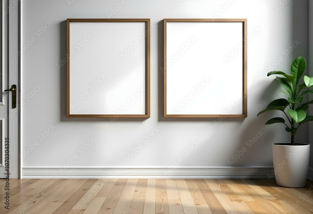Two wooden framed empty picture frames hanging on a white wall above a wooden floor. Two wooden framed empty picture frames hanging on a white wall above a wooden floor.