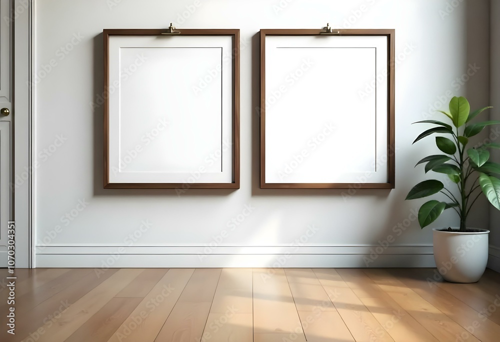 Two wooden framed empty picture frames hanging on a white wall above a wooden floor. Two wooden framed empty picture frames hanging on a white wall above a wooden floor.