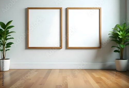 Two wooden framed empty picture frames hanging on a white wall above a wooden floor.