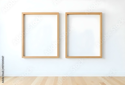 Two wooden framed empty picture frames hanging on a white wall above a wooden floor.