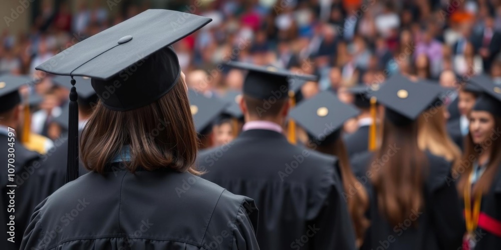 A high angle view of a group of university graduates in graduation caps and gowns, with one student standing out in the foreground, symbolizing success and accomplishment, graduation, success A high angle view of a group of university graduates in graduation caps and gowns, with one student standing out in the foreground, symbolizing success and accomplishment, graduation, success