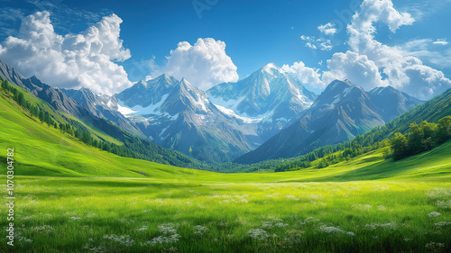 Stunning mountain scenery in Georgia with alpine meadows and lush greenery in summer