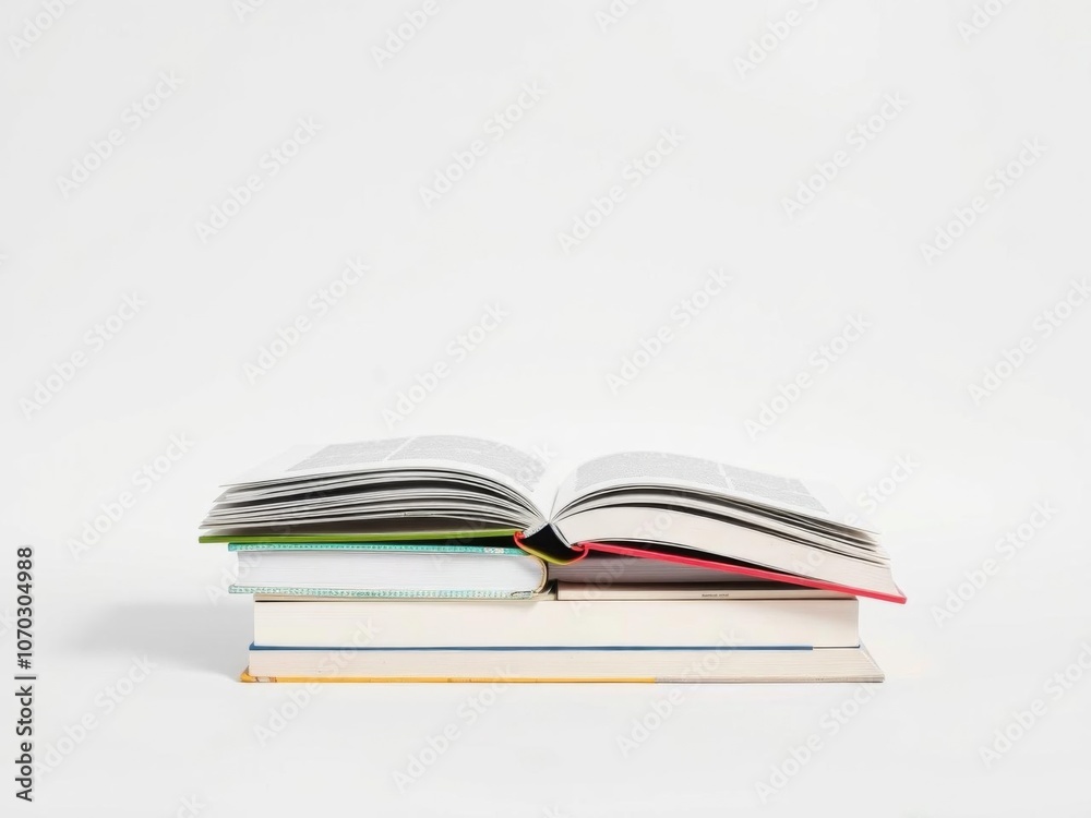 A neat and organized pile of books with one book open on a white background, ideal for study and educational concepts, education, knowledge A neat and organized pile of books with one book open on a white background, ideal for study and educational concepts, education, knowledge