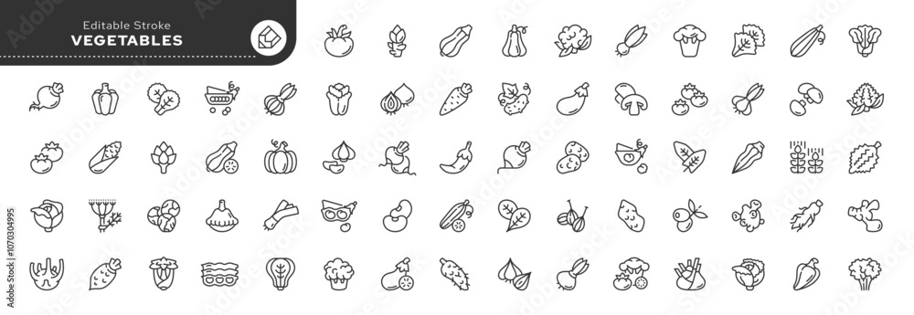 Vegetables and veggies line icon set. Natural fresh vegetables and root vegetables. Vegetarian food. Series outline icons. Vector pictogram collection. Vegetables and veggies line icon set. Natural fresh vegetables and root vegetables. Vegetarian food. Series outline icons. Vector pictogram collection.