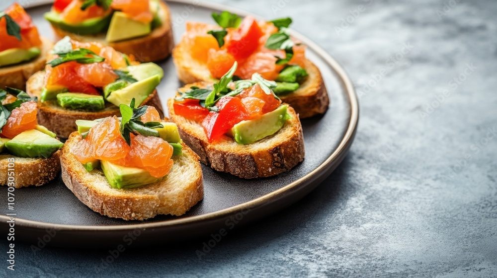 Colorful avocado and salmon bites arranged on toasted bread with fresh herbs for a delightful appetizer or snack option Colorful avocado and salmon bites arranged on toasted bread with fresh herbs for a delightful appetizer or snack option