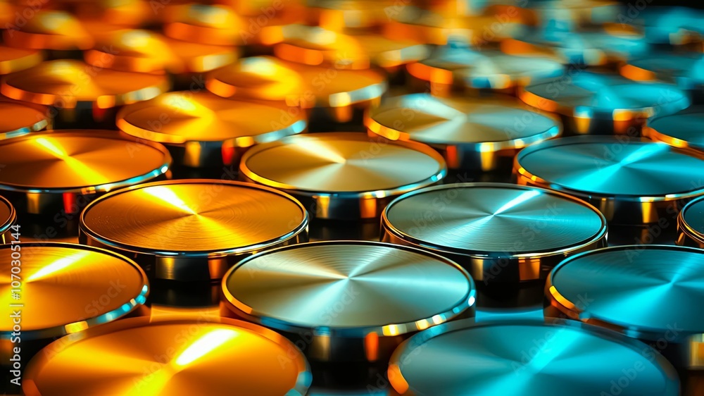 A Pattern of Smooth, Shiny, Circular Metal Discs with a Warm and Cool Color Gradient A Pattern of Smooth, Shiny, Circular Metal Discs with a Warm and Cool Color Gradient