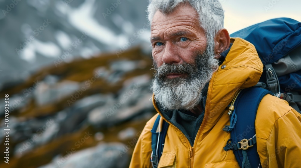 Experienced hiker with a gray beard, wearing a yellow jacket, pauses on rocky terrain in a mountainous region during an overcast day Experienced hiker with a gray beard, wearing a yellow jacket, pauses on rocky terrain in a mountainous region during an overcast day