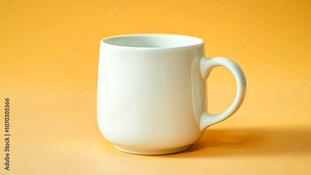 A plain white ceramic mug with a rounded handle, positioned on a smooth peach colored surface, casts a soft shadow. A plain white ceramic mug with a rounded handle, positioned on a smooth peach colored surface, casts a soft shadow.
