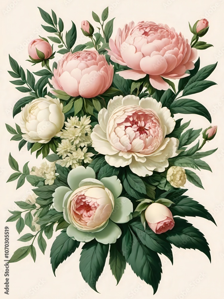 Fototapeta premium ピンクと白のトーンの繊細なボタンの花束で、緑の葉に囲まれています。