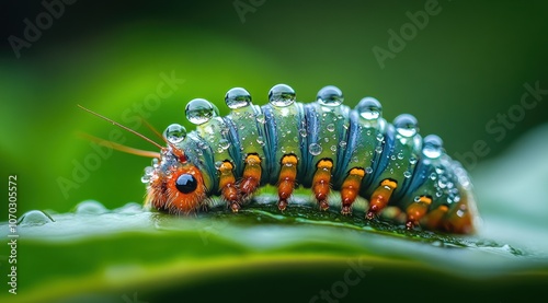 Colorful caterpillar covered in droplets rests on a green leaf in a lush garden scene